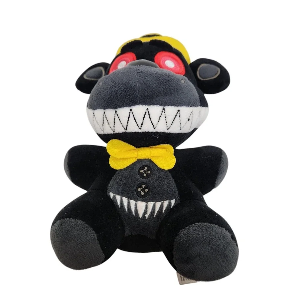 VNKVTL FNAF Black Monster Bear Plush Small Yellow Bow Tie Hat Stuffed Animal Toy